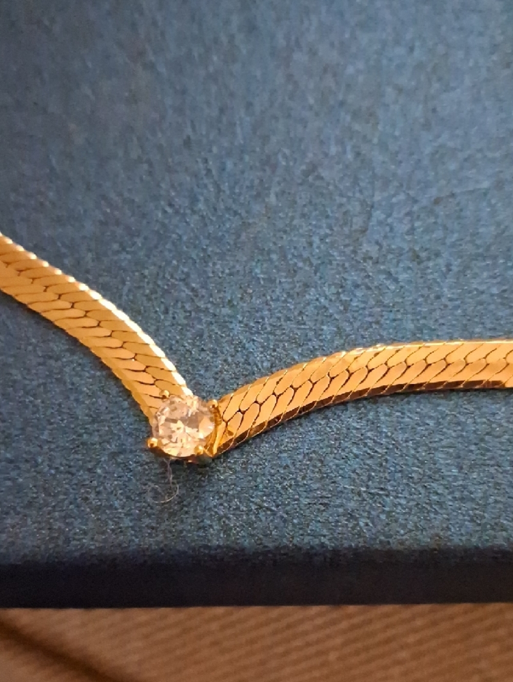 Vintage Gold Tone V-Shaped Herringbone Necklace With Rhinestone- Circa 1980s